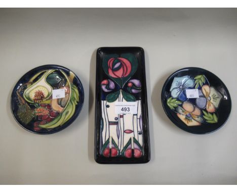 Small Moorcroft rectangular trinket dish, designed by Rachael Bishop, 20cms long, together with a small Moorcroft dish design