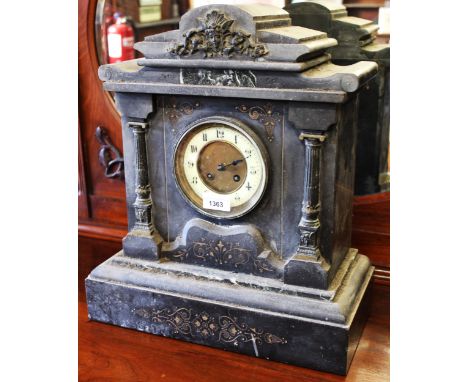 Large 19th Century black slate and marble inset mantel clock, the circular dial with Arabic numerals and two train movement s