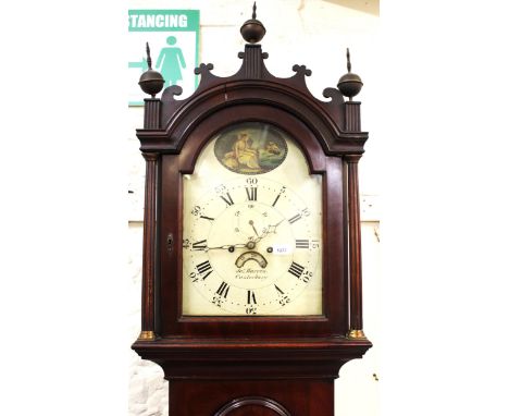 George III mahogany longcase clock, with an arched hood above an arched door, the enamel dial with Roman and Arabic numerals,