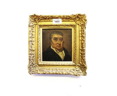 19th Century English school, oil on canvas, head and shoulder portrait of a gentleman, 14cms x 13cms, gilt framed, together w