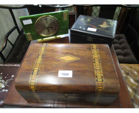 Victorian walnut and parquetry inlaid workbox, 27.5cms wide, together with a small oriental lacquer box and a Bentima mantel 