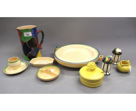 Four items of Ashtead Art Deco pottery, a polychrome mug (at fault), two condiments and two items decorated with yellow glaze