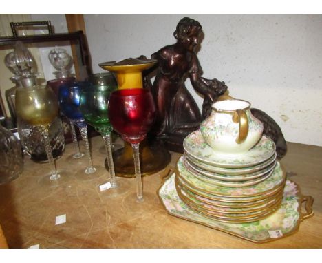 Plaster bust of Dante, patinated plaster group of a girl and two dogs, Chinese blanc de chine figure, Doulton candlestick and