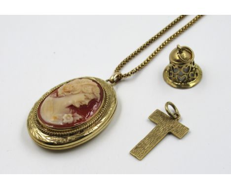 9ct Gold pendant locket inset with a cameo portrait, suspended from a 9ct gold chain, together with two 9ct gold charms, 17g 