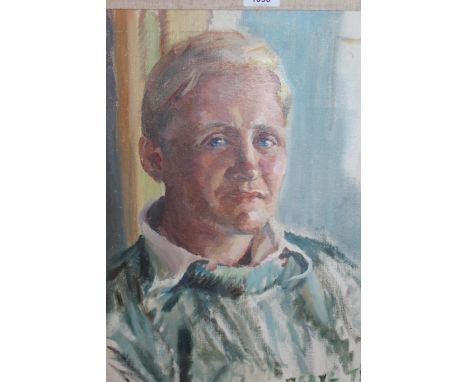 Beryl Trist, signed oil on canvas, portrait of a young man, 51cms x 40.5cms 