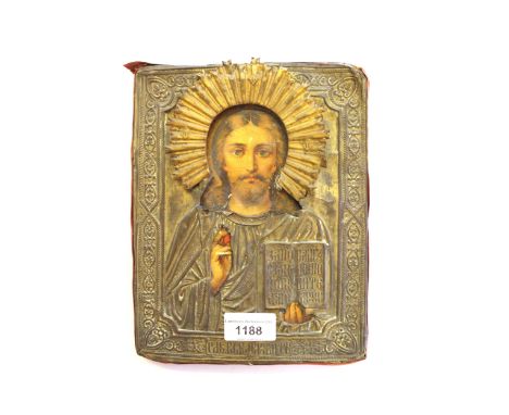 Late 19th / early 20th Century printed and embossed brass mounted icon portrait of Christ, 22.5 x 18cms approximately 