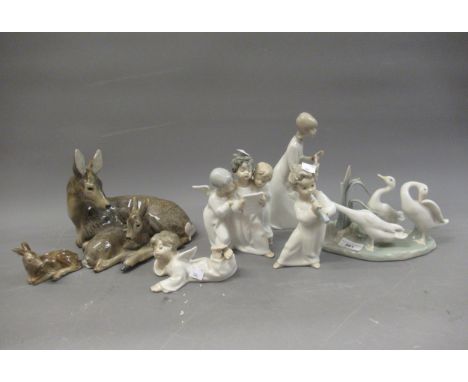 Lladro group of three ducks, another of three angel choristers, three other Lladro figures (at fault), an Austrian figure of 