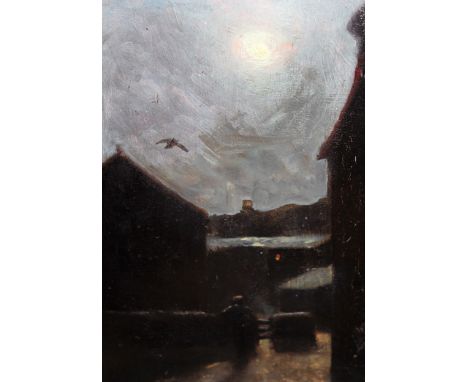 R. Warren Vernon, oil on panel, figure at a moonlit quayside, signed and inscribed verso, ' Moonlit Sketch From Nocturne 'Pic