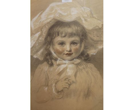 19th Century charcoal and pastel drawing, portrait of a child in a bonnet, inscribed and dated 1899, 54.5cms x 43cms 