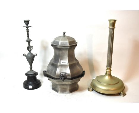 20th Century Continental metal Holy water stoop, together with a nickel plated candelabra base and a spelter candlestick with