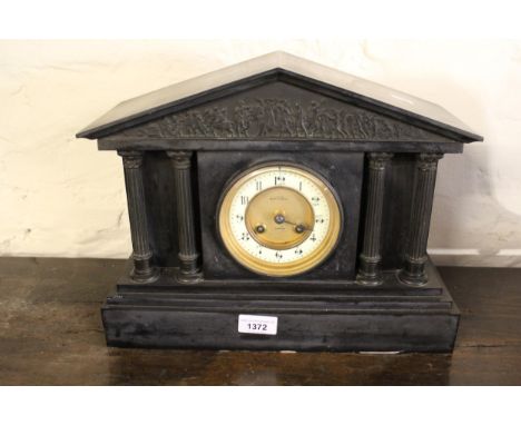 19th Century black slate mantel clock, the circular dial with white chapter ring and Arabic numerals, the dial inscribed Mapp