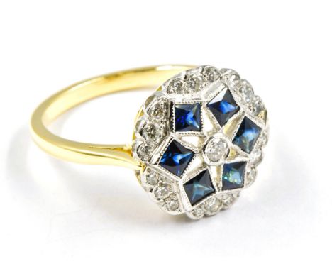 18ct yellow gold and platinum Deco style French cut sapphire and diamond cluster ring, size 'N' 