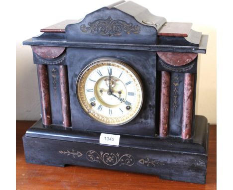 19th Century black slate and rouge marble mantel clock, the enamel dial with Roman numerals and visible escapement, 36.5cms w