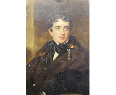 19th Century English school, oil on panel, portrait of a seated gentleman wearing a fur trimmed cloak, 25cms x 19cms, in a Fl