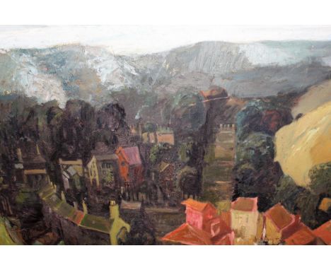 Large 20th Century oil on board, view across a town with distant mountains, 80cms x 120cms, another 20th Century painting on 