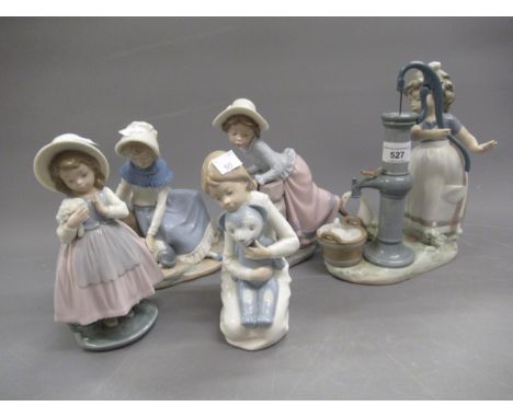 Lladro figure of a young girl at a water pump, together with four various Nao figures of young girls 