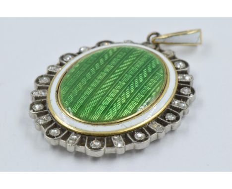 Edwardian white and yellow metal green translucent and white opaque enamel pendant locket with rose cut diamond surround, 7.5
