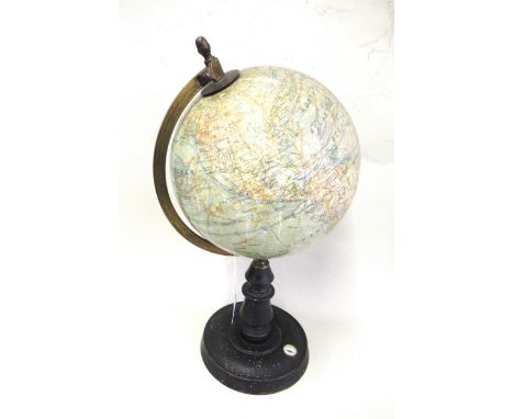 Late 19th / early 20th Century terrestrial globe by John Heywood Ltd, Manchester & London on a brass stained wood stand with 