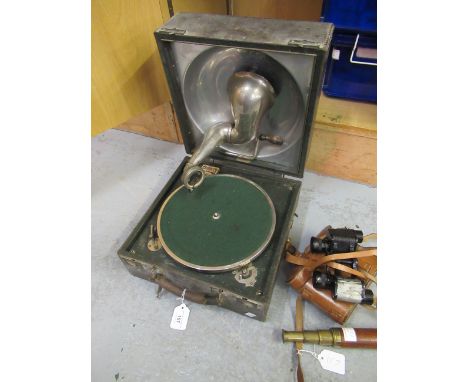 Table model wind-up gramophone, cased pair of Voigtlander binoculars, a mahogany and brass four section pocket telescope, and