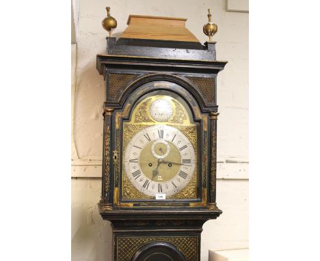 John Hewkley, 18th Century chinoiserie longcase clock, the pagoda top hood enclosing a brass dial with silvered chapter ring 