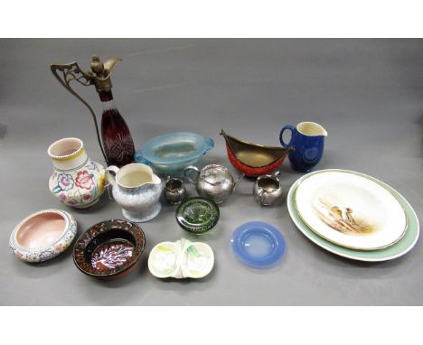 Miscellaneous ceramics and glass, to include: Crown Derby hand painted 10in plate by Berbeck, Moorcroft blue jug, Whitefriars
