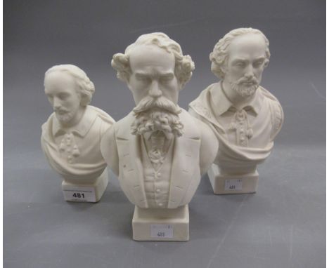 Group of three Parian ware busts of Dickens and Shakespeare, 19cms highThe two larger are marked R & LDickens head has been b