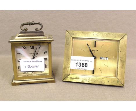 Small gilt brass bedside alarm clock by Swiza, together with another similar 