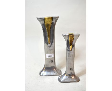 David Marshall, bi-metal candlestick of stylised form, original label to base and signature panel, 30.5cms high together with