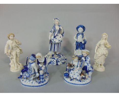 A pair of late 19th century continental figure groups probably representing the seasons - Autumn and Winter, predominantly gl