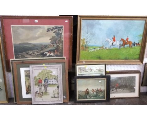 A collection of pictures and prints relating to hunting subjects including Ewan M Conway, oil on canvas of a huntsman and hou