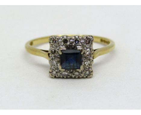 18ct Art Deco style sapphire and diamond ring, size R, 3g