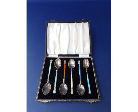 Attractive set of six silver and guilloche enamel coffee spoons, each with a coloured handle and Art Nouveau style knop, make