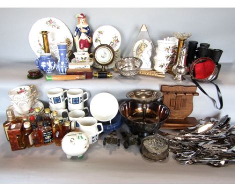 Three boxes of miscellaneous items and effects to include a miniature wheel barometer, various silver plated items, clocks, p