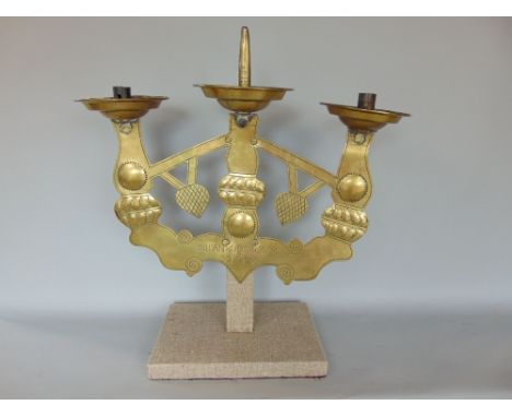 Unusual continental candelabra type three branch light fitting, with central pricket stick flanked by two sconces, pierced op