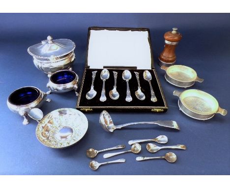 A good mixed collection of silver to include silver lidded lobbed shaped caddy on corbel feet, further silver salts, pepper, 