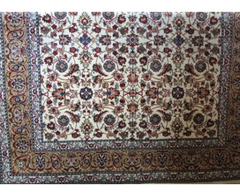 Kashmir rug, all over design, ivory ground with gold boarders, 175 x 120cm