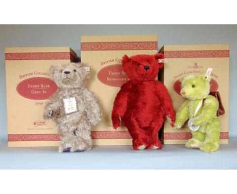 Three boxed Steiff Teddy Bears including Grey 36 no 00772 (1999), Burgundy 40 no 02954 (1998) and School Starter Bear Green 3