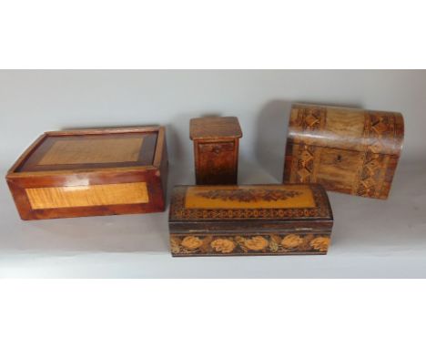 Tunbridge ware inlaid glove box, 24.5cm long, together with a further dome topped marquetry caddy, further fruitwood box and 