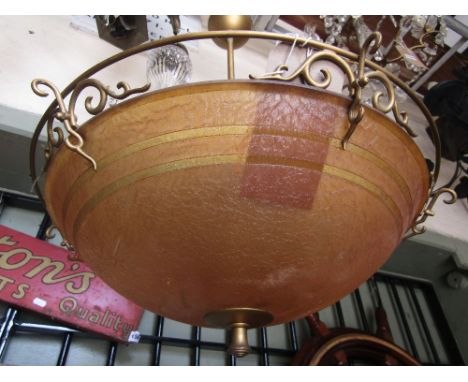 A hanging ceiling light, the long stem supporting a moulded plastic to simulate a mottled glass, plafonnier type shade togeth