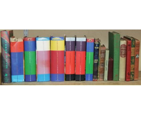 A collection of Harry Potter titles including some first editions, four with dust jackets, together with further adventure bo