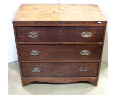 A small 19th century mahogany caddy top bedroom chest of three long graduated drawers with shaped apron, 87 cm wide (AF), tog