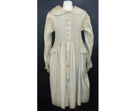 19th century shepherd/agricultural workers smock, button front coat type, hand stitched in cotton twill weave fabric with wid
