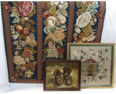 Substantial needlepoint tapestry panel depicting columns of flowers and fruit on blue ground with hessian backing, 2 x 1.4m, 