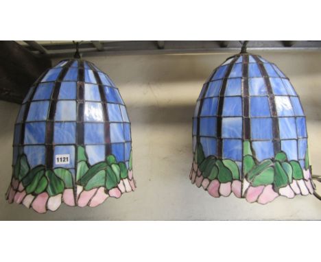 A pair of decorative Tiffany style leaded light bell shaped hanging ceiling shades/lights