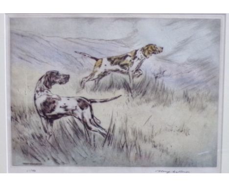 Henry Wilkinson (British 1921-2011) - A pair of pointers and a golden retriever in landscape settings (pair) signed coloured 