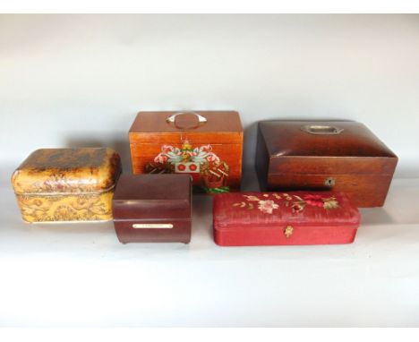 A collection of five various antique and vintage boxes to include a decoupage enamel box, a further oak domed box, a Bakelite