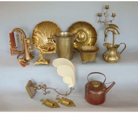 A collection of mixed metalware to include a military bugle, champagne bucket, scrolled single sconce wall light, heavy lobed