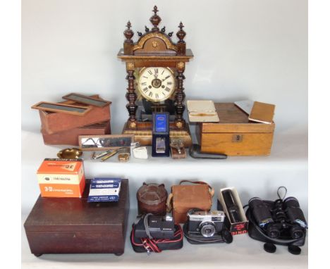 An interesting collection of items to include a two train mantel clock, a mahogany jewellery box, a writing slope, two boxes 