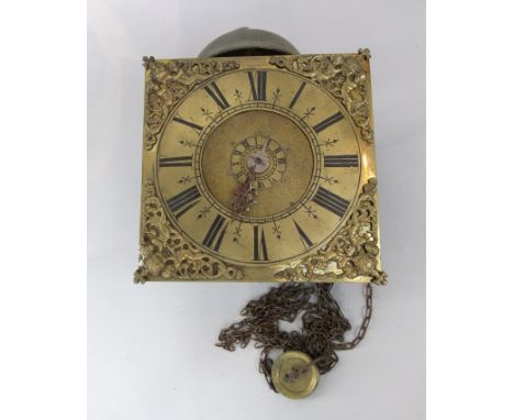 An 18th century 30 hour longcase clock movement, with 22cm (8.5 inch) square brass dial, applied cast spandrels, single point