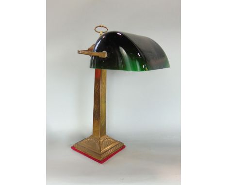 Good quality brass and green glass bankers light, the square tapered column with engraved decoration upon a stepped square ba